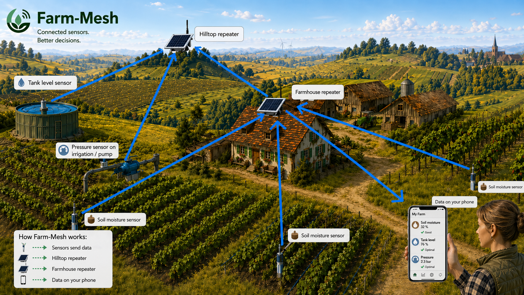 Tank seviyesi, basınç ve toprak sensörlerinin verileri tekrarlayıcılar aracılığıyla bir telefona gönderdiğini gösteren Farm-Mesh genel görünümü