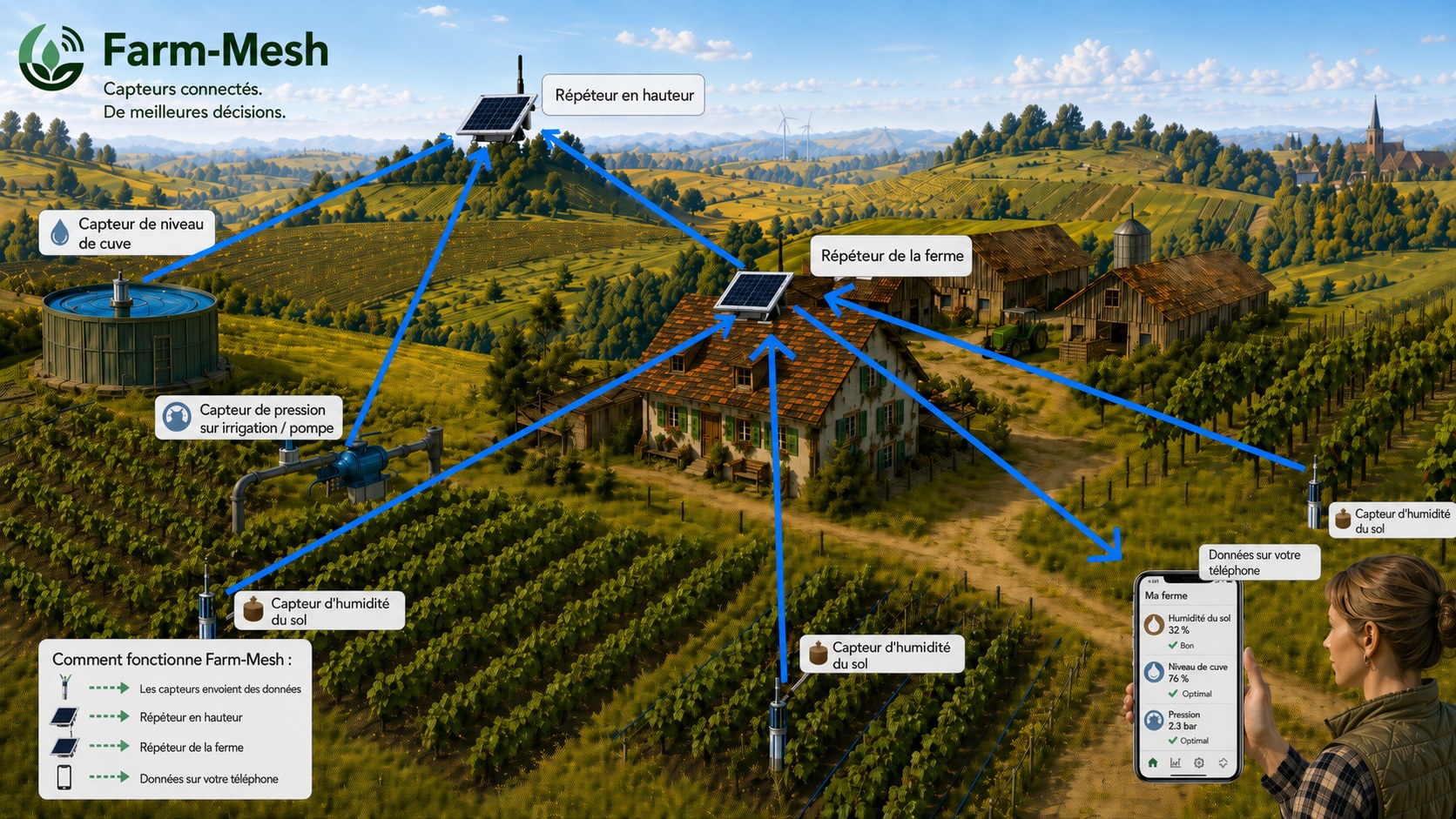 Vue d'ensemble Farm-Mesh montrant les capteurs de niveau, de pression et de sol envoyant les données au téléphone via des répéteurs