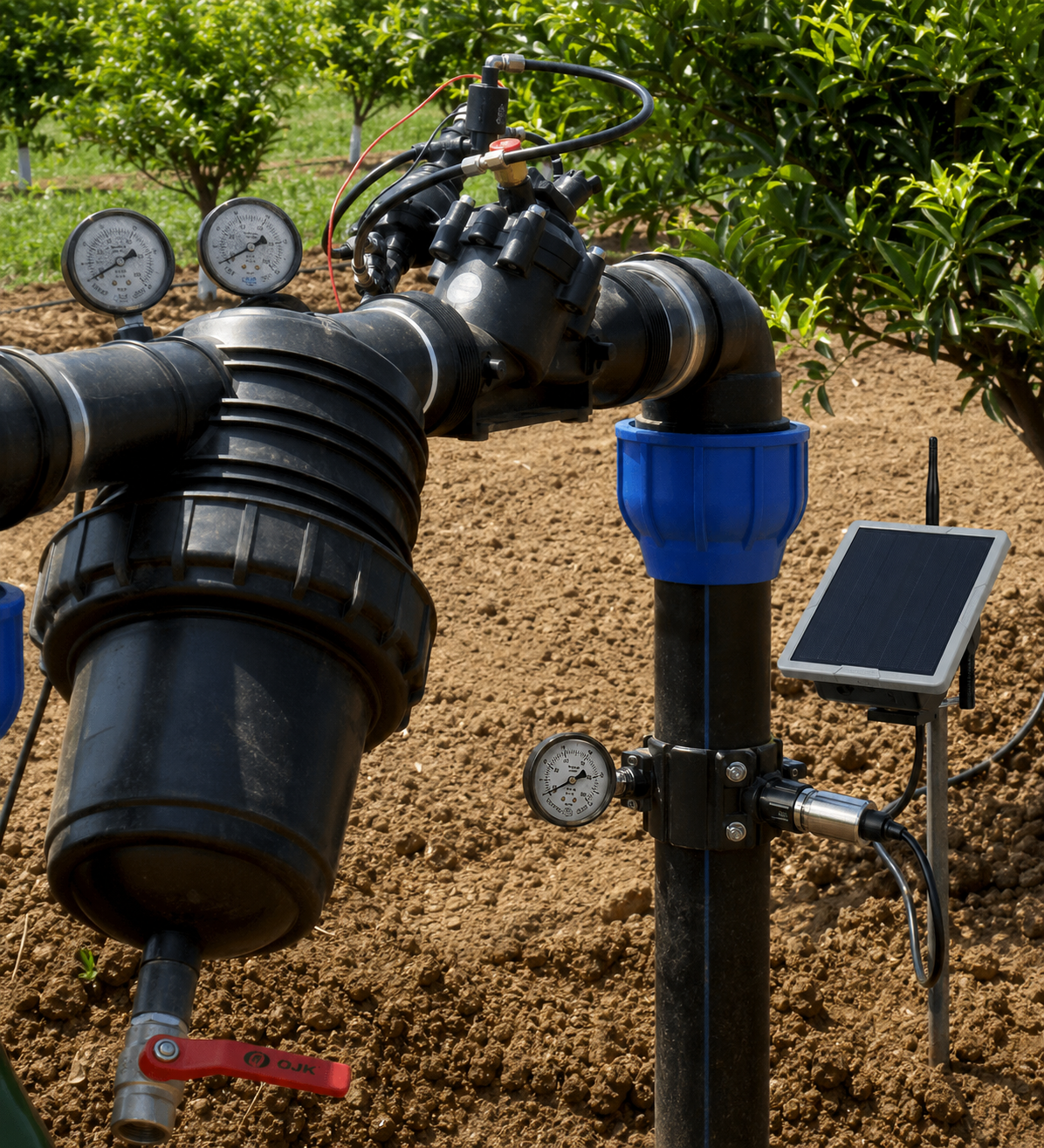 Bewässerungsleitung mit Farm-Mesh Drucksensor, Solarmodul und Sender
